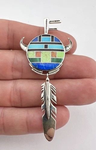 VTG NAVAJO STERLING SILVER FLUSH MULTI GEMS HORNED YEI KACHINA DANGLE PENDANT 3" (1 of 2)