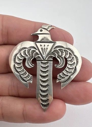 VTG FRED HARVEY ERA NAVAJO STERLING SILVER STAMPED THUNDERBIRD PIN BROOCH 2 1/8" (1 of 2)