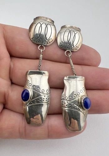 VTG NAVAJO STERLING SILVER LAPIS LAZULI STAMP PUEBLO POT POTTERY EARRINGS 2.75" (1 of 2)