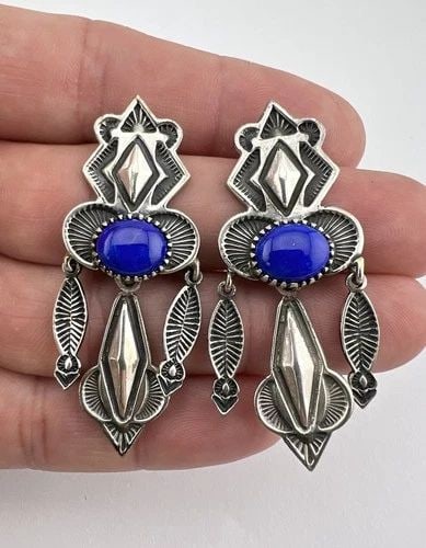 VTG NAVAJO STERLING SILVER LAPIS LAZULI TURQUOISE STAMPED DANGLE EARRINGS 2 1/8": VTG NAVAJO STERLING SILVER LAPIS LAZULI TURQUOISE STAMPED DANGLE EARRINGS 2 1/8" Vtg Navajo Sterling Silver Lapis Lazuli Turquoise Stamped Dangle Earrings 2 1/8" Size: 2 1/8" Tall With Dangle & 1" Wid