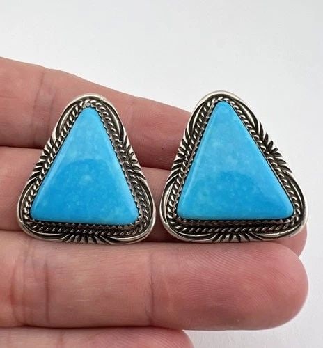 WILL DENETDALE NAVAJO STERLING SILVER KINGMAN TURQUOISE TRIANGLE POST EARRINGS: WILL DENETDALE NAVAJO STERLING SILVER KINGMAN TURQUOISE TRIANGLE POST EARRINGS Vtg Will Denetdale Navajo Sterling Silver Kingman Turquoise Triangle Stamped Post Earrings #2 Size: Just Under 1 1/4" Tal