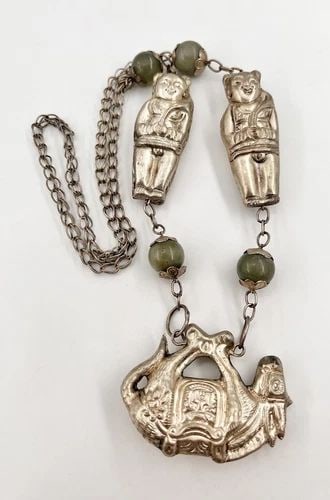 OLD CHINESE SILVER REPOUSSE CHATELAINE GOD'S & HORSE FLORAL JADE NECKLACE 73.2G: OLD CHINESE SILVER REPOUSSE CHATELAINE GOD'S & HORSE FLORAL JADE NECKLACE 73.2G ANTIQUE CHINESE SILVER Repousse Chatelaine God's & Horse Floral & Jade Necklace Test Positive For Low Grade Silver Horse
