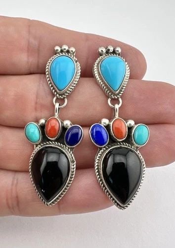 VTG NAVAJO STERLING SILVER TURQUOISE & LAPIS & CORAL & ONYX DANGLE POST EARRINGS: VTG NAVAJO STERLING SILVER TURQUOISE & LAPIS & CORAL & ONYX DANGLE POST EARRINGS Vtg Navajo Sterling Silver Turquoise & Lapis & Coral & Onyx Dangle Post Earrings Size: 2 1/8" Tall With Dangle & Over 3