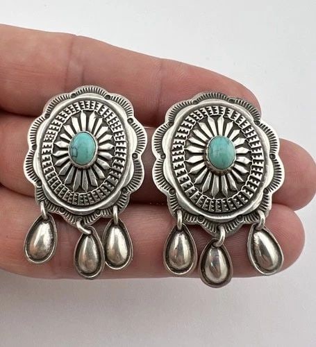 VINTAGE NAVAJO STERLING SILVER TURQUOISE DEEP STAMPED DANGLE POST EARRINGS 1.75": VINTAGE NAVAJO STERLING SILVER TURQUOISE DEEP STAMPED DANGLE POST EARRINGS 1.75" Vintage Navajo Sterling Silver Turquoise Deep Stamped Dangle Post Earrings 1.75" Size: 1 3/4" Tall With Dangle & 1 1/8"
