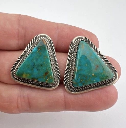 VINTAGE NAVAJO STERLING SILVER NATURAL ROYSTON TURQUOISE TRIANGLE POST EARRINGS: VINTAGE NAVAJO STERLING SILVER NATURAL ROYSTON TURQUOISE TRIANGLE POST EARRINGS Vintage Navajo Sterling Silver Natural Royston Turquoise Triangle Post Earrings Size: Just Under 1 1/4" Tall & 1 1/8" Wi