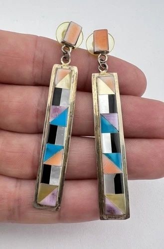 HUGE VTG NAVAJO STERLING SILVER MULTI GEMSTONE FLUSH INLAY POST EARRINGS 2.75": HUGE VTG NAVAJO STERLING SILVER MULTI GEMSTONE FLUSH INLAY POST EARRINGS 2.75" HUGE Vtg Navajo Sterling Silver Multi Gemstone Flush Inlay Post Earrings 2.75" Size: 2 3/4" Tall With Dangle & Just Under