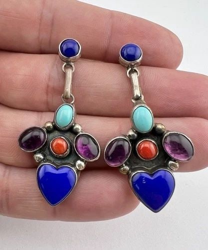VTG NAVAJO STERLING SILVER AMETHYST TURQUOISE CORAL LAPIS HEART POST EARRINGS: VTG NAVAJO STERLING SILVER AMETHYST TURQUOISE CORAL LAPIS HEART POST EARRINGS Vtg Navajo Sterling Silver Amethyst Turquoise Coral Lapis Heart Post Earrings 2" Size: 2" Tall With Dangle & 1" Wide Weigh