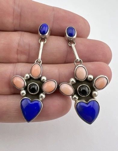 VTG NAVAJO STERLING SILVER CORAL LAPIS & ONYX HEART DANGLE POST EARRINGS 2 1/8": VTG NAVAJO STERLING SILVER CORAL LAPIS & ONYX HEART DANGLE POST EARRINGS 2 1/8" Vtg Navajo Sterling Silver Coral Lapis & Onyx Heart Dangle Post Earrings 2 1/8" Size: 2 1/8" Tall With Dangle & 1" Wide 