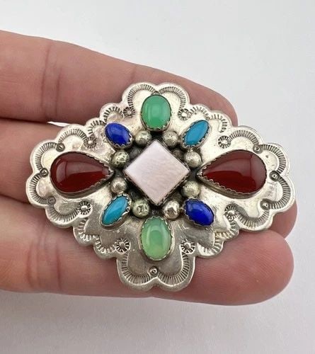 WILL DENETDALE NAVAJO STERLING SILVER NATURAL MULTI GEMSTONE PIN BROOCH 2.25": WILL DENETDALE NAVAJO STERLING SILVER NATURAL MULTI GEMSTONE PIN BROOCH 2.25" Vtg Will Denetdale Navajo Sterling Silver Natural Multi Gemstone Pin Brooch 2.25" Size: Just Over 1 3/4" Tall & 2 1/4" Wid