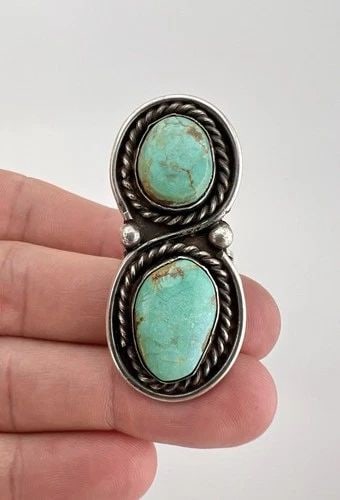 HUGE VTG NAVAJO STERLING SILVER ROYSTON TURQUOISE WOMEN'S LONG RING 2 1/8" -20G (1 of 2)
