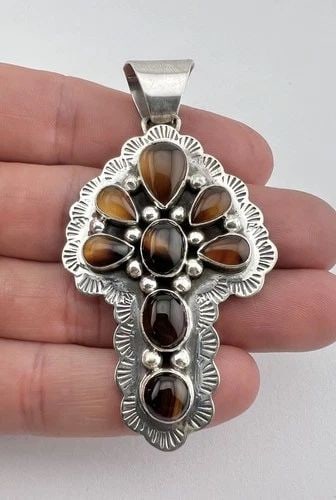 HUGE VTG NAVAJO STERLING SILVER TIGER'S EYE STAMPED DRAGONFLY CROSS PENDANT 3" (1 of 2)