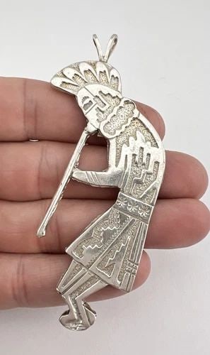 VINTAGE NAVAJO STERLING SILVER KOKOPELLI OVERLAY PENDANT 3 5/8": VINTAGE NAVAJO STERLING SILVER KOKOPELLI OVERLAY PENDANT 3 5/8" Vintage Navajo Sterling Silver Kokopelli Overlay Pendant 3 5/8" Size: 3 5/8" Tall With Bail & 1 5/8" Wide Weight is 25.9 Grams on my sca