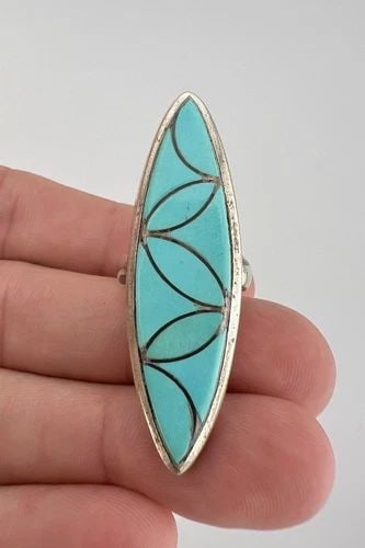VINTAGE ZUNI FRANK VACIT STERLING SILVER TURQUOISE FISH SCALE 1 7/8" LONG RING (1 of 2)