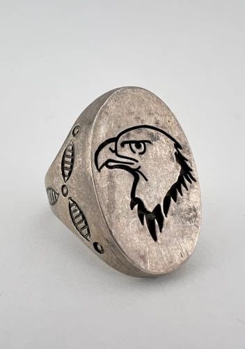 HUGE VTG NAVAJO STERLING SILVER INGOT STAMPED EAGLE HEAD BIKER MEN'S RING 24.1G (1 of 2)