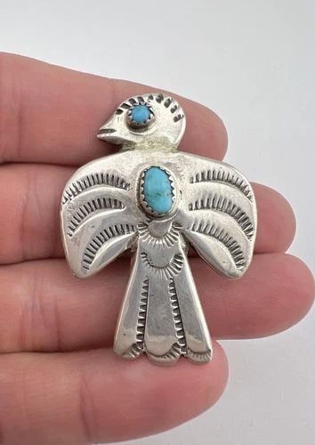VTG FRED HARVEY NAVAJO STERLING SILVER TURQUOISE STAMPED THUNDERBIRD PIN BROOCH: VTG FRED HARVEY NAVAJO STERLING SILVER TURQUOISE STAMPED THUNDERBIRD PIN BROOCH Vtg Fred Harvey Navajo Sterling Silver Turquoise Stamped Thunderbird Pin Brooch Size: Over 1 1/4" Wide By Just Under 2" 