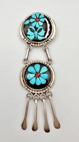 ROSE CALAVAZA ZUNI STERLING SILVER MULTI-GEMSTONE FLOWER DANGLE PENDANT PIN: ROSE CALAVAZA ZUNI STERLING SILVER MULTI-GEMSTONE FLOWER DANGLE PENDANT PIN Rose Calavaza Zuni Sterling Silver Multi-Gemstone Flower Dangle Pendant Pin Size: 3 1/4" Tall With Dangle By 1 1/8" Wide At 