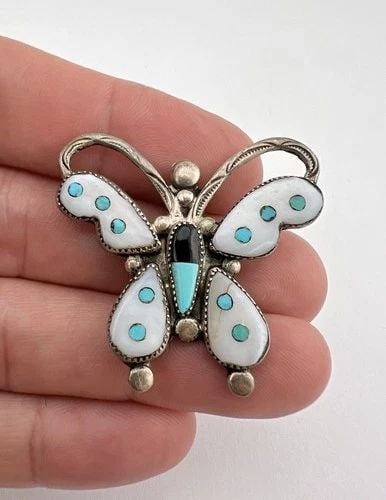 HOWARD LEEKELA ZUNI STERLING SILVER JET TURQUOISE MOP BUTTERFLY BROOCH PIN 1.5" (1 of 2)