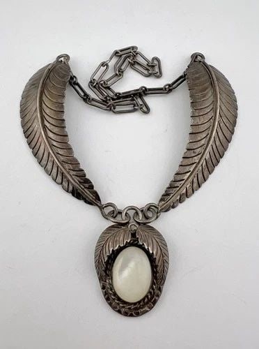 VTG NAVAJO STERLING SILVER MOTHER OF PEARL STAMPED BIB COLLAR NECKLACE 14.75": HVtg Navajo Sterling Silver Mother Of Pearl Stamped Bib Collar Necklace 14.75" MEASUREMENTS: Necklace measures 14 3/4" tip To tip Center Pendant is Over 1 1/4" Tall With Bail By Just Under 1" Wide WEI
