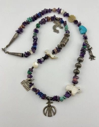 VINTAGE NAVAJO STERLING SILVER MULTI GEMSTONE FETISH HEISHI CHARM NECKLACE: VINTAGE NAVAJO STERLING SILVER MULTI GEMSTONE FETISH HEISHI CHARM NECKLACE Vintage Navajo Sterling Silver Multi Gemstone Fetish Heishi Charm Necklace Size: 27" Long Tip To Tip Metal: Sterling Silver W