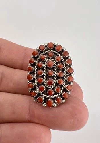 VTG ZUNI STERLING SILVER PETIT POINT SNAKE EYE NATURAL RED CORAL WOMEN'S RING: Vtg Zuni Sterling Silver Petit Point Snake Eye Natural Red Coral Women's Ring Ring Size is Around 6 - 6.5 Weight is 5.7 Grams on my scale Metal: Sterling Silver Ring is 1 1/4" Tall In the Center Amazi