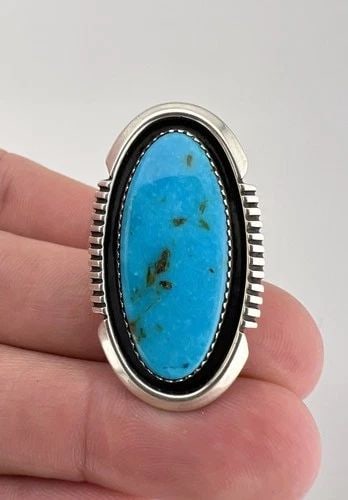 VTG BEGAY NAVAJO STERLING SILVER BLUE GEM TURQUOISE DOUBLE STACK LONG RING 1.5" (1 of 2)