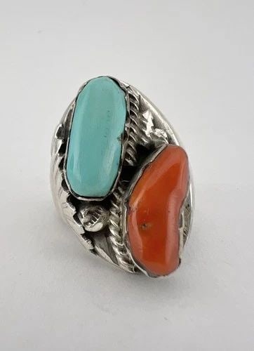 VTG ZUNI INGOT STERLING SILVER NATURAL BLUE TURQUOISE & CORAL MEN'S RING 18.7G: VTG ZUNI INGOT STERLING SILVER NATURAL BLUE TURQUOISE & CORAL MEN'S RING 18.7G Vtg Zuni Ingot Sterling Silver Natural Blue Turquoise & Coral Men's Ring 18.7g Size: 10.0 - Can Be Resized Weight is 18.7