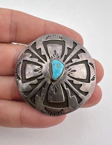VTG HOPI / NAVAJO STERLING SILVER TURQUOISE TRIBAL OVERLAY ROUND PENDANT 1.75" (1 of 2)