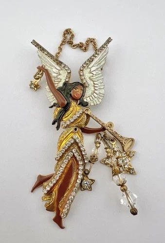 VINTAGE LUNCH AT THE RITZ LART 2GO MOVEABLE ENAMEL ANGEL PIN BROOCH PENDANT 4" (1 of 2)