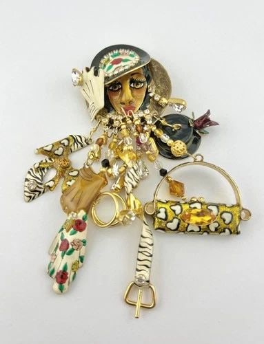 LUNCH AT THE RITZ FACE GLAM MOVEABLE ENAMEL STATEMENT PIN BROOCH PENDANT 5.25" (1 of 2)