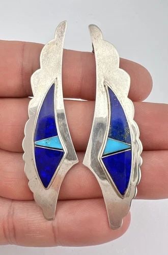 VTG NAVAJO STERLING SILVER TURQUOISE & LAPIS LAZULI FLUSH POST EARRINGS 2 3/4": VTG NAVAJO STERLING SILVER TURQUOISE & LAPIS LAZULI FLUSH POST EARRINGS 2 3/4" Vtg Navajo Sterling Silver Turquoise & Lapis Lazuli Flush Post Earrings 2 3/4" Size: 2 3/8" Tall & About 3/4" Wide Weight
