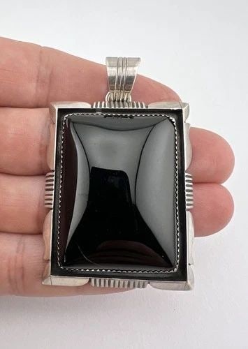 #1 VINTAGE WILL DENETDALE NAVAJO STERLING SILVER ONYX RECTANGLE PENDANT 2 5/8" (1 of 2)