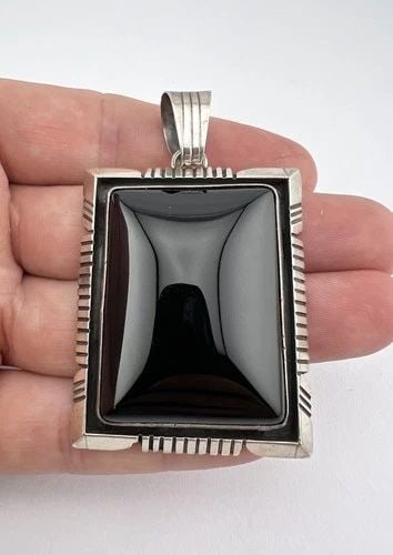 #2 VINTAGE WILL DENETDALE NAVAJO STERLING SILVER ONYX RECTANGLE PENDANT 2 3/4" (1 of 2)