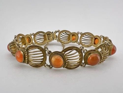ANTIQUE CHINESE EXPORT GILT SILVER CARNELIAN FLORAL PANEL FILIGREE LINK BRACELET (1 of 2)