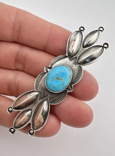 MARY CAYATINETO NAVAJO STERLING SILVER BLUE GEM TURQUOISE STAMPED BROOCH PIN 3" (1 of 2)