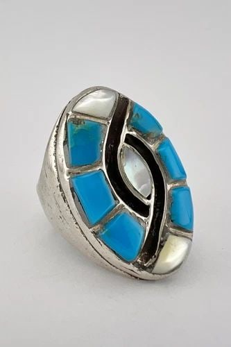 VTG ZUNI STERLING SILVER TURQUOISE & MOTHER OF PEARL INLAY INGOT MENS RING 13.2G: VTG ZUNI STERLING SILVER TURQUOISE & MOTHER OF PEARL INLAY INGOT MENS RING 13.2G Vtg Zuni Sterling Silver Turquoise & Mother Of Pearl Inlay Ingot Mens Ring 13.2g Size: 10.0 - Can Be re Sized Weight is
