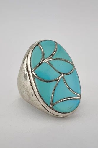 VINTAGE EDISON & LAURENDA BOBELU ZUNI FISH SCALE TURQUOISE FLUSH INLAY MENS RING (1 of 2)
