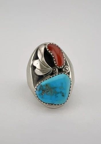 HUGE VTG NAVAJO STERLING SILVER TURQUOISE & CORAL STAMPED INGOT MEN'S RING 18.9G: HUGE VTG NAVAJO STERLING SILVER TURQUOISE & CORAL STAMPED INGOT MEN'S RING 18.9G HUGE Vtg Navajo Sterling Silver Turquoise & Coral Stamped Ingot Men's Ring 18.9g Ring Size: 13 - Can Be Re Sized Weight