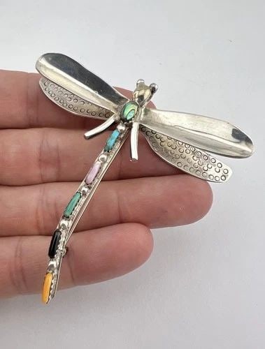 HUGE VTG NAVAJO STERLING SILVER MULTI GEMSTONE DRAGON FLY PIN PENDANT 2 3/4": HUGE VTG NAVAJO STERLING SILVER MULTI GEMSTONE DRAGON FLY PIN PENDANT 2 3/4" HUGE Vtg Navajo Sterling Silver Multi Gemstone Dragon Fly Pin Pendant 2 3/4" Size: 2 3/4" Tall & Wide Metal: Sterling Silve