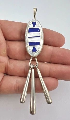 VTG NAVAJO STERLING SILVER FLUSH LAPIS & MOP CHANDELIER DANGLE PENDANT 4 1/8": VTG NAVAJO STERLING SILVER FLUSH LAPIS & MOP CHANDELIER DANGLE PENDANT 4 1/8" Vtg Navajo Sterling Silver Flush Lapis & MOP Chandelier Dangle Pendant 4 1/8" Size: 4 1/8" Tall With bail by 3/4" at Its W