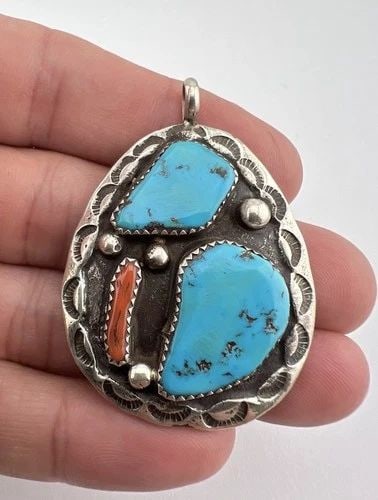 VTG ZUNI STERLING SILVER KINGMAN TURQUOISE & CORAL STAMPED TEARDROP PENDANT 2" (1 of 2)
