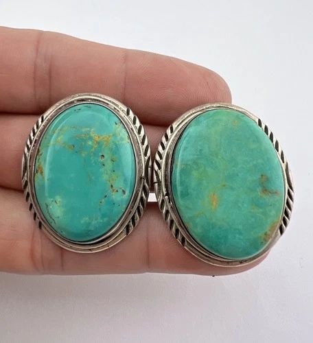 VTG TIM GUERRO NAVAJO STERLING SILVER ROYSTON TURQUOISE STAMPED CLIP EARRINGS: VTG TIM GUERRO NAVAJO STERLING SILVER ROYSTON TURQUOISE STAMPED CLIP EARRINGS HUGE Vtg Navajo Sterling Silver Royston Turquoise Stamped Oval Clip Earrings Size: Around 1 1/2" Tall & Around 1 1/4" Wide
