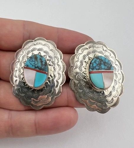 BIG VTG NAVAJO STERLING SILVER MULTI GEMSTONE STAMPED CONCHO POST EARRINGS 1.75": BIG VTG NAVAJO STERLING SILVER MULTI GEMSTONE STAMPED CONCHO POST EARRINGS 1.75" BIG Vtg Navajo Sterling Silver Multi Gemstone Stamped Concho Post Earrings 1.75" Size: 1 3/4" Tall & Over 1 1/4" Wide W
