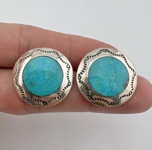 VTG FRED HARVEY ERA NAVAJO STERLING SILVER FOX TURQUOISE STAMPED POST EARRINGS (1 of 2)