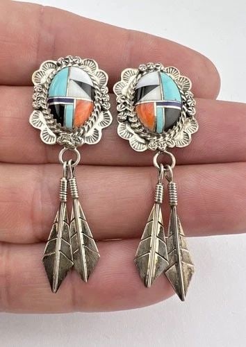 VTG NAVAJO STERLING SILVER MULTI GEMSTONE FLUSH INLAY DANGLE POST EARRINGS 2": VTG NAVAJO STERLING SILVER MULTI GEMSTONE FLUSH INLAY DANGLE POST EARRINGS 2" Vtg Navajo Sterling Silver Multi Gemstone Flush Inlay Dangle Post Earrings 2" Size: 2" Tall With Dangle & 3/4" Wide Weight
