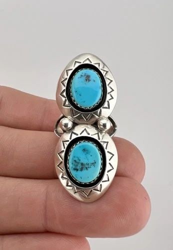 TEDDY GOODLUCK NAVAJO STERLING SILVER TURQUOISE STAMPED SHADOWBOX RING 1 5/8": Vtg Teddy Goodluck Navajo Sterling Silver Turquoise Stamped Shadowbox Ring 1 5/8" Ring Size: 6.5 - Can Be Resized Weight is 6.3 Grams on my scale Test Positive For Sterling Silver Ring is 1 5/8" Tall 