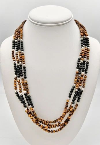 VTG NAVAJO TIGERS EYE & ONYX BALL BEAD STERLING SILVER 4 STRAND NECKLACE 23.5" (1 of 2)