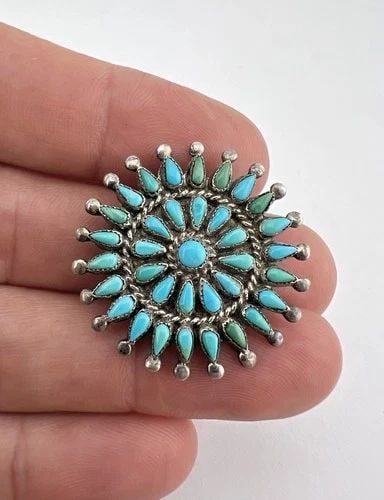 VINTAGE ZUNI STERLING SILVER PETIT POINT TURQUOISE CLUSTER PIN BROOCH 1.25" (1 of 2)