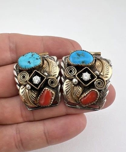 VTG NAVAJO STERLING & GOLD FILLED TURQUOISE & CORAL & CZ MEN'S WATCH TIPS: VTG NAVAJO STERLING & GOLD FILLED TURQUOISE & CORAL & CZ MEN'S WATCH TIPS Vtg Navajo Sterling & Gold Filled Turquoise & Coral & CZ Men's Watch Tips Weight 24.4 Grams on my scale Size: 1 1/4" Tall By A