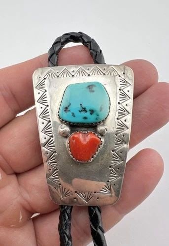VTG NAVAJO STERLING SILVER NATURAL TURQUOISE & RED CORAL STAMPED BOLO TIE 2": VTG NAVAJO STERLING SILVER NATURAL TURQUOISE & RED CORAL STAMPED BOLO TIE 2" Vtg Navajo Sterling Silver Natural Turquoise & Red Coral Stamped Bolo Tie 2" Size: 2" Tall by 1 1/2" Wide At The Top Weight