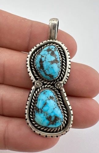 VTG TOM WILLETO NAVAJO STERLING SILVER KINGMAN BIRDSEYE TURQUOISE PENDANT 2 1/8" (1 of 2)